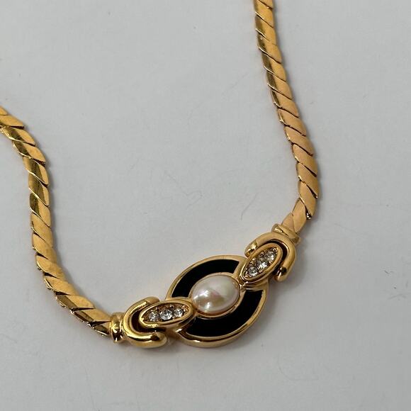 Christian Dior Vintage 1970s Oval White Pearl Black Enamel Crystals Necklace - Picture 3 of 7